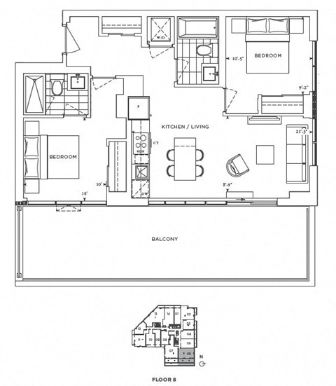 Floor plan for 2 beds, 2 baths, 780 sqft